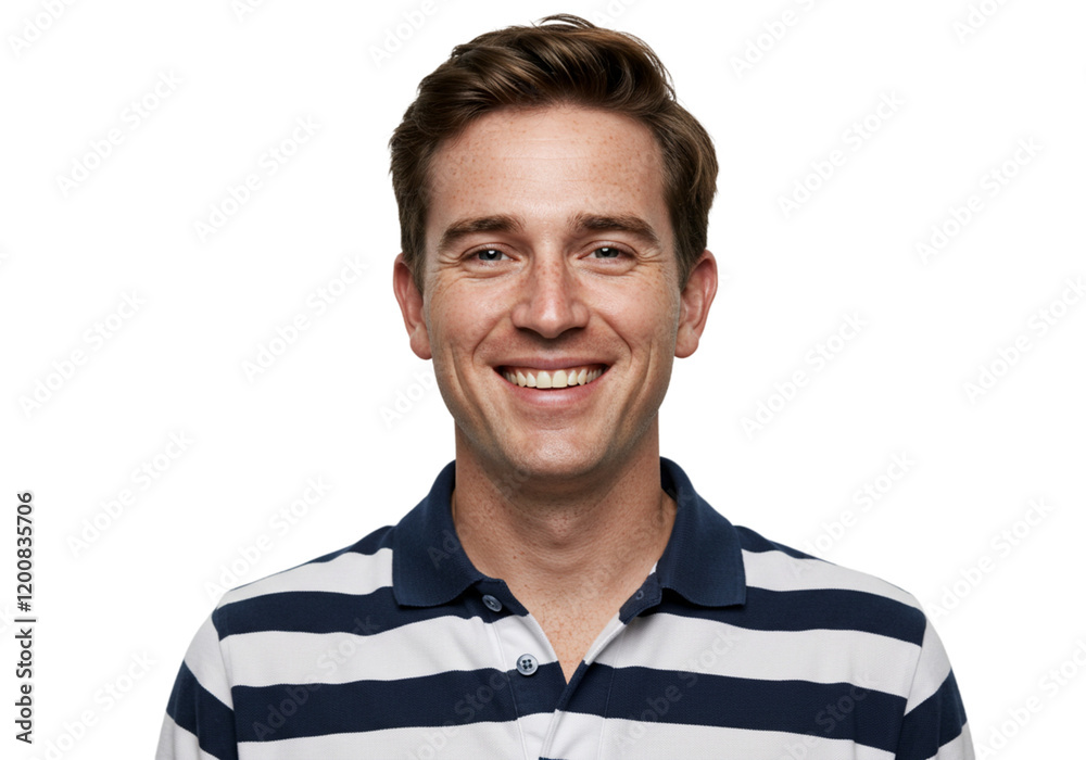 Happy Smiling Man Portrait Studio Shot Casual Striped Shirt Male Face Blue Navy Model White Image Happy Smiling Man Portrait Studio Shot Casual Striped Shirt Male Face Blue Navy Model White Image