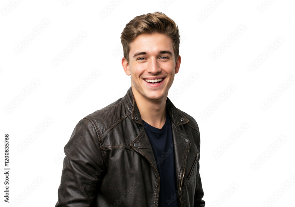 Happy Young Man Smiling Leather Jacket Studio Portrait guy men male cool face dark model style photo Happy Young Man Smiling Leather Jacket Studio Portrait guy men male cool face dark model style photo