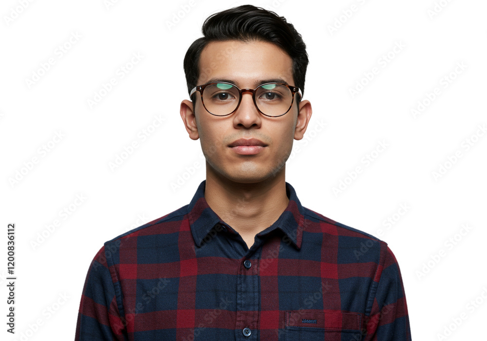 Portrait Young Man Glasses Plaid Shirt Studio Shot Background red male blue face eyes hair dark Portrait Young Man Glasses Plaid Shirt Studio Shot Background red male blue face eyes hair dark