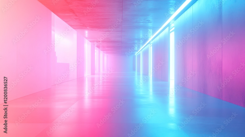 Neon-lit corridor with pink and blue hues. Neon-lit corridor with pink and blue hues.