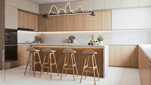 A modern kitchen featuring wooden cabinetry, a spacious island with bar stools, and stylish lighting, creating a warm and inviting atmosphere. 3d rendering interior.