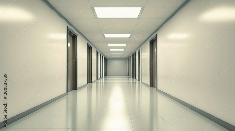 Endless Corridor: A long, sterile hallway, punctuated by identical doors, stretches out endlessly, evoking a sense of mystery and solitude. The smooth. Endless Corridor: A long, sterile hallway, punctuated by identical doors, stretches out endlessly, evoking a sense of mystery and solitude. The smooth.