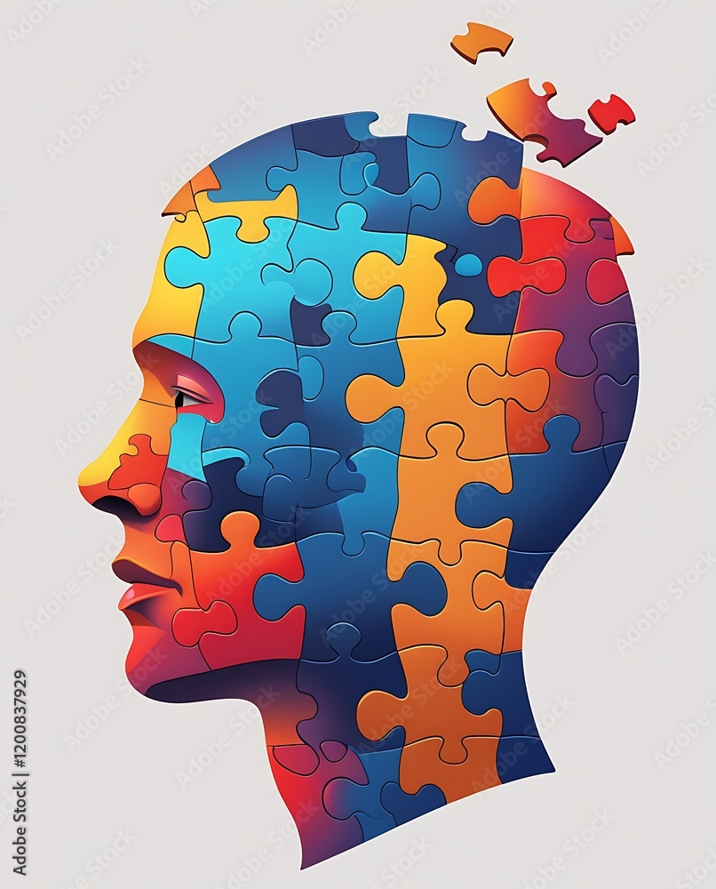 Conceptual illustration of a human head in profile view merged with jigsaw puzzle pieces, symbolizing cognitive psychology, mental health, brain function, and the process of problem-solving in a creat Conceptual illustration of a human head in profile view merged with jigsaw puzzle pieces, symbolizing cognitive psychology, mental health, brain function, and the process of problem-solving in a creat