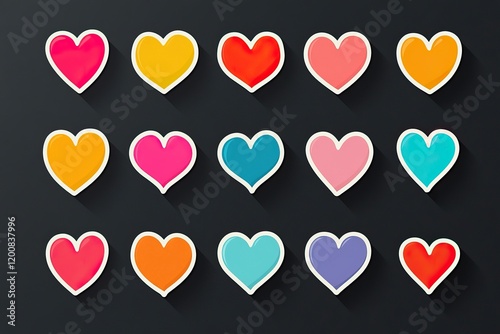 Colorful heart-shaped stickers in various shades provide endless possibilities for designers and crafters. Ideal for decorations on cards, scrapbooks, and digital designs photo