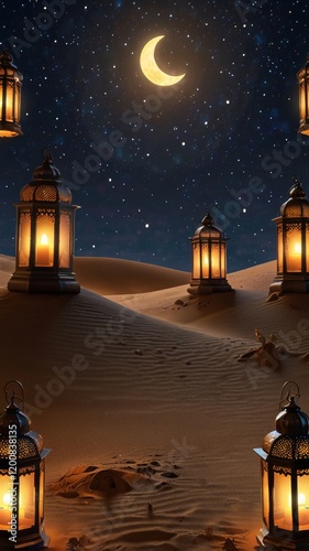 Ramadan background Vintage lantern lamp with crescent moon. 2025 Islamic festival photography