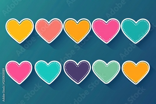 Bright heart stickers in various colors arranged neatly are perfect for designers, artists, and card makers to enhance creative projects and decorations photo