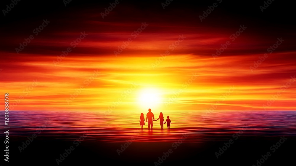Fototapeta premium Family Silhouette at Sunset Ocean Beach
