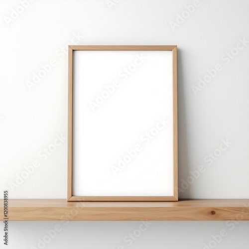 Blank white picture wooden frame mockup stands on a wooden shelf on white wall