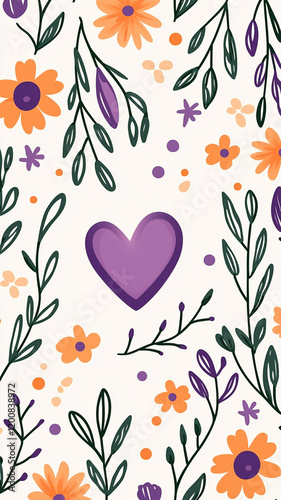 Simple Nature Inspired Layout, Colorful floral pattern with heart design, featuring orange and purple flowers