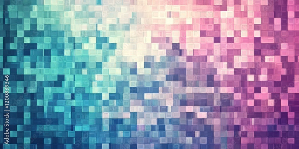 Abstract pixelated mosaic in gradient tones of teal, pink, and purple, Abstract pixelated mosaic in gradient tones of teal, pink, and purple,