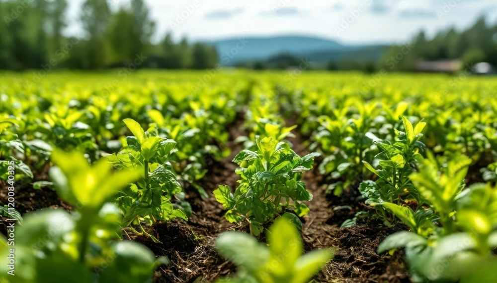 A field densely planted with young plants A field densely planted with young plants