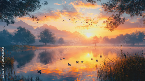 Lake with ducks at sunset tranquil scene natural beauty reflections on water peaceful atmosphere serene landscape evening glow wildlife scenic view natures splendor