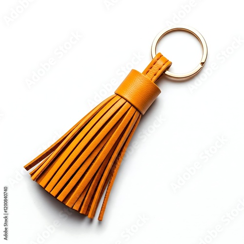 Yellow leather tassel keychain with metal golden keyring  on white background