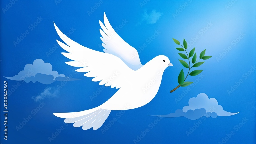 Silhouette Of A White Dove Of Peace With Olive Branch On Blue Sky Silhouette Of A White Dove Of Peace With Olive Branch On Blue Sky
