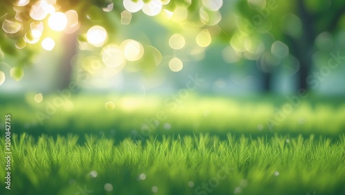green grass background. Blur defocused park garden tree in nature background