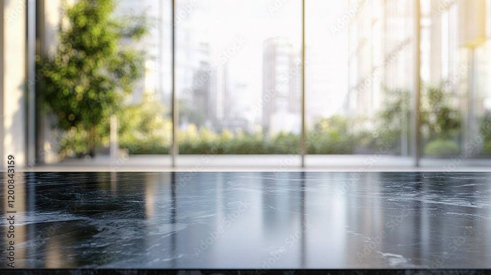 Modern Reflection: This image highlights a modern interior with a sleek, reflective floor, large glass windows, and a backdrop of a city.