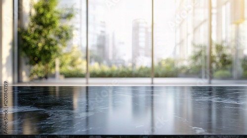 Modern Reflection: This image highlights a modern interior with a sleek, reflective floor, large glass windows, and a backdrop of a city.