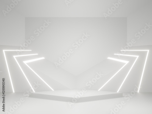 3D white geometric background with neon lights