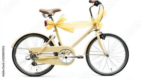 Stylish yellow bike with a ribbon, isolated on white background.