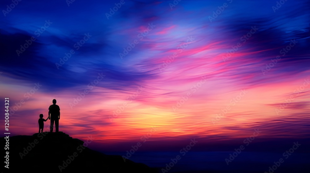 Fototapeta premium Father And Son Silhouette At Sunset Seascape