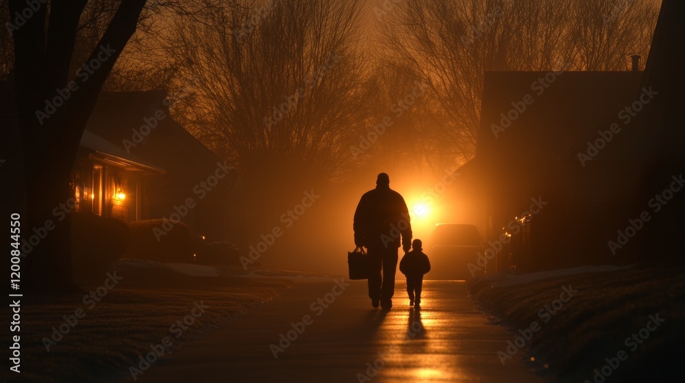 Fototapeta premium Father and Son Silhouetted Sunset Walk Home