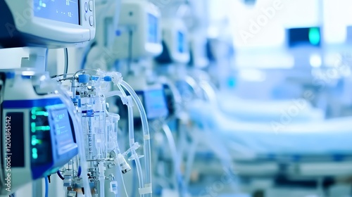 Hospital beds equipped with respiratory devices in a medical facility, showcasing advanced healthcare technology and critical care support for patients in need