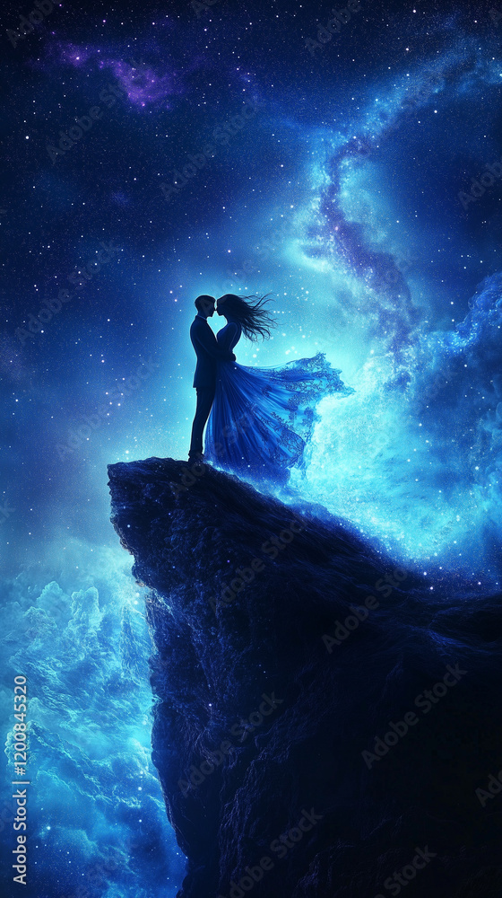 Cosmic Love Scene of a Couple Standing on a Cliff Under a Starry Sky and Galaxy Backdrop Highlighting Fantasy and Romance Cosmic Love Scene of a Couple Standing on a Cliff Under a Starry Sky and Galaxy Backdrop Highlighting Fantasy and Romance