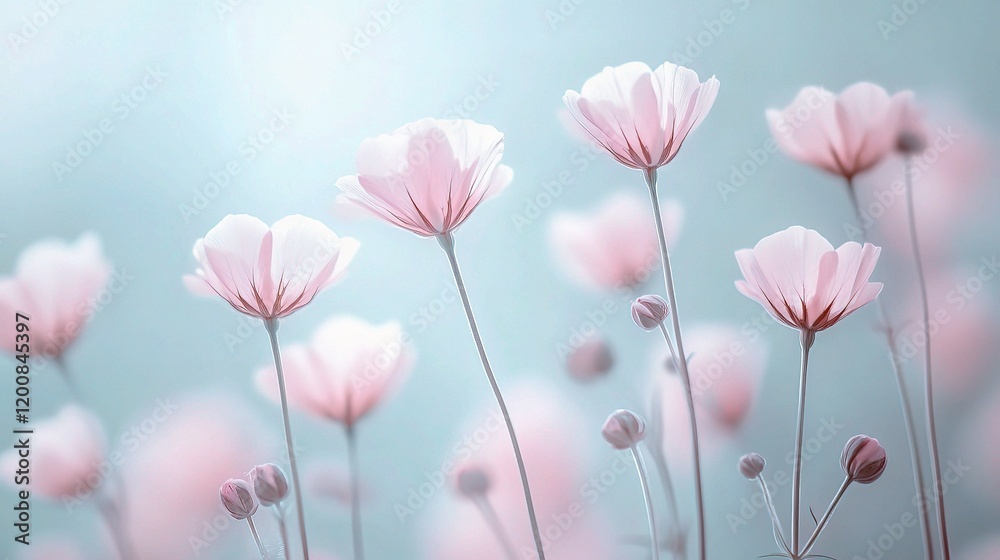 Delicate Cosmos: A close-up of cosmos flowers, their petals a soft pink, gently sway in a light breeze. Bathed in a gentle sunlight, the scene is both serene and uplifting. Delicate Cosmos: A close-up of cosmos flowers, their petals a soft pink, gently sway in a light breeze. Bathed in a gentle sunlight, the scene is both serene and uplifting.