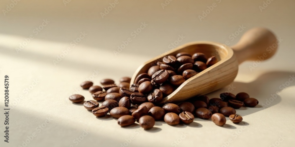Fototapeta premium Wooden scoop overflowing with roasted coffee beans spilling onto a light beige surface bathed in soft sunlight