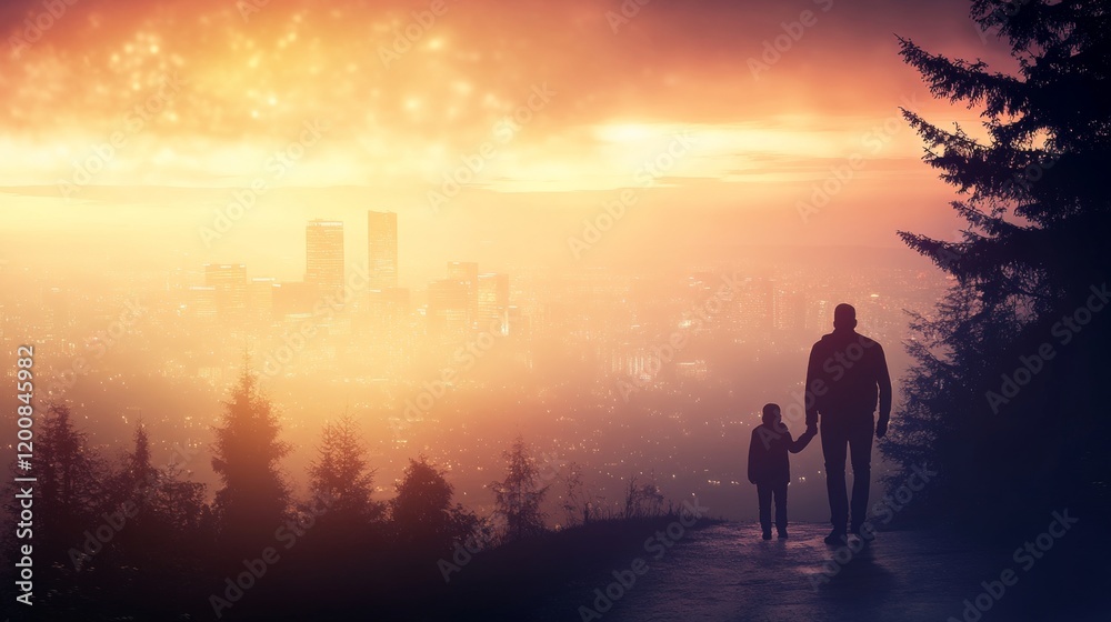 Fototapeta premium Father Son Cityscape Sunset Silhouette Holding Hands