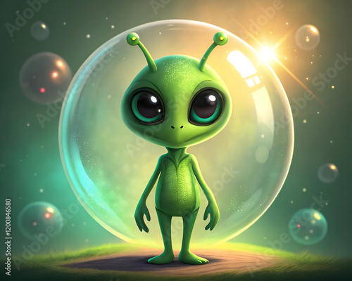 Illustration of a big-eyed green alien floating inside a large soap bubble, offering a whimsical and fun design perfect for fantasy, sci-fi themes, and playful space-related content