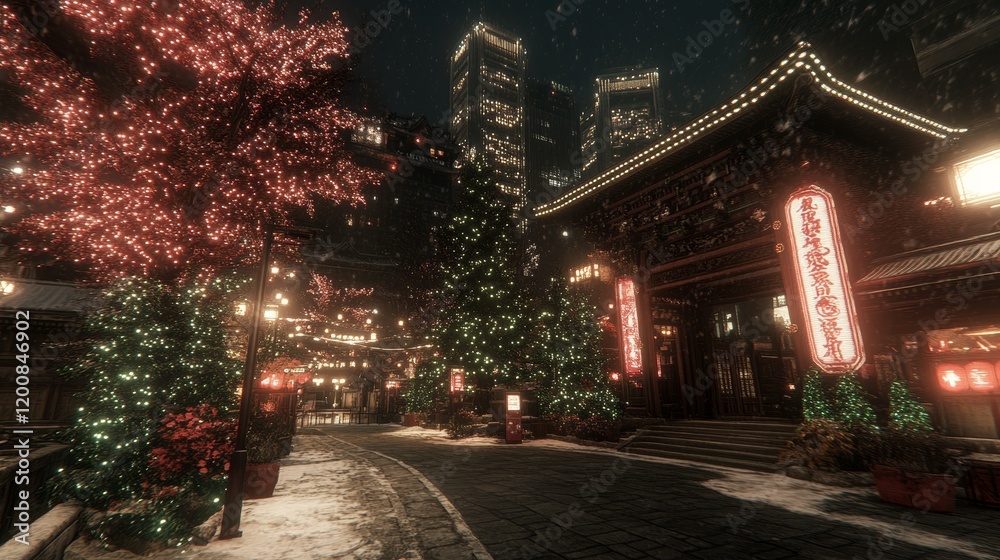 Fototapeta premium Festive Asian Cityscape Winter Night Lights