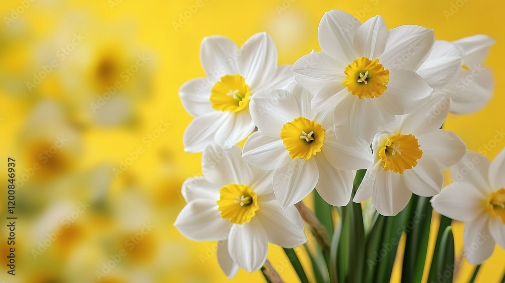 Springtime Daffodils: A cluster of delicate white daffodils with vibrant yellow centers bloom vibrantly against a soft yellow backdrop, radiating a cheerful, optimistic spirit. Springtime Daffodils: A cluster of delicate white daffodils with vibrant yellow centers bloom vibrantly against a soft yellow backdrop, radiating a cheerful, optimistic spirit.