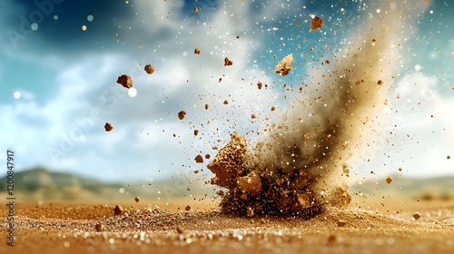 Dynamic eruption of transparent dust particles desert digital illustration open air aerial perspective natural phenomenon
