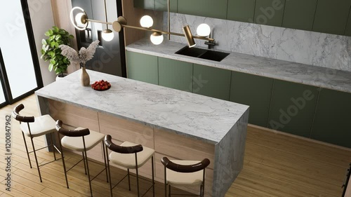 A modern kitchen featuring a large marble island, stylish seating, green cabinetry, and contemporary lighting. 3d rendering 4K interior animation.