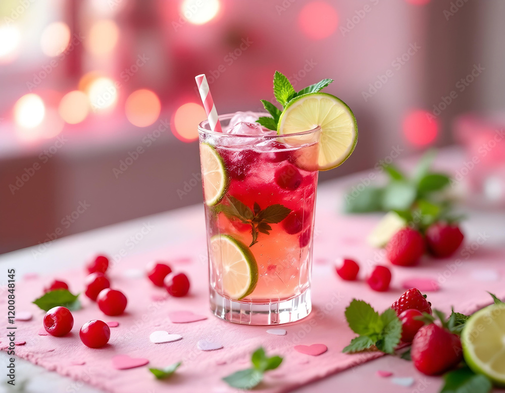 A colorful fusion drink of lime, mint, and cranberry, placed on a table with a heart-themed table runner and soft pink lighting for a Valentine's Day celebration. A colorful fusion drink of lime, mint, and cranberry, placed on a table with a heart-themed table runner and soft pink lighting for a Valentine's Day celebration.