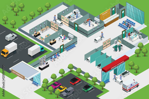 Isometric Hospital Building Healthcare Emergency Vector Illustration