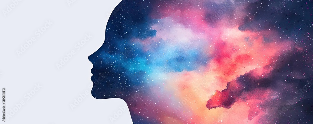 Galaxy watercolor idea. Abstract silhouette of a person with vibrant colors representing emotions and thoughts. Galaxy watercolor idea. Abstract silhouette of a person with vibrant colors representing emotions and thoughts.