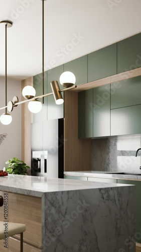 A modern kitchen featuring green cabinets, a marble countertop, stylish pendant lights, and sleek bar stools, creating an inviting and contemporary atmosphere. 3d rendering video 4K vertical.