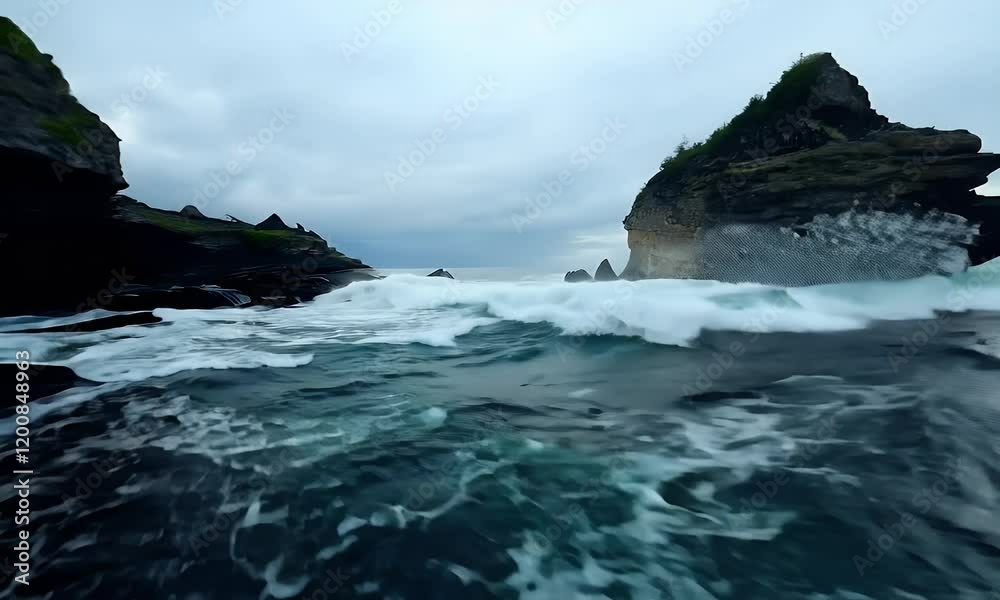 Ocean waves crash against dramatic cliffs and a towering sea stack, showcasing the raw beauty of nature's coastal landscapes under a clear sky. Ocean waves crash against dramatic cliffs and a towering sea stack, showcasing the raw beauty of nature's coastal landscapes under a clear sky.