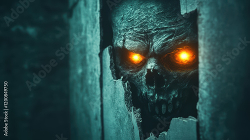 ghostly skull with glowing eyes peering through wall