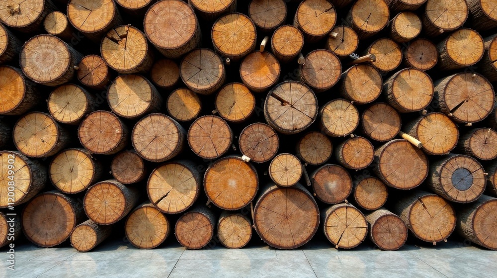 A Wall of Stacked Wooden Logs, Showing the Natural Rings and Texture of the Wood, Creating a Rustic and Organic Background A Wall of Stacked Wooden Logs, Showing the Natural Rings and Texture of the Wood, Creating a Rustic and Organic Background