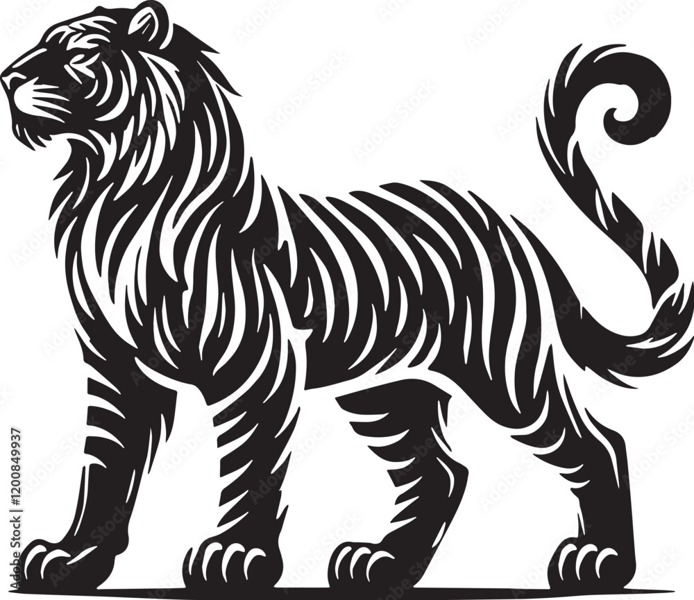 Fototapeta premium Black Color Tiger Silhouette Vector Illustration, Solid White Background