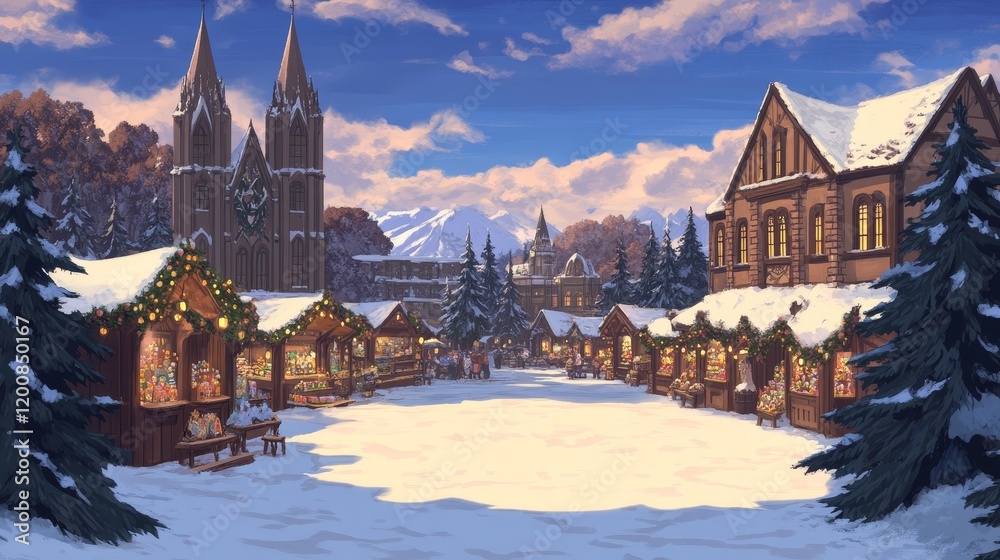 Obraz premium Festive Christmas Market in Snowy Town Square