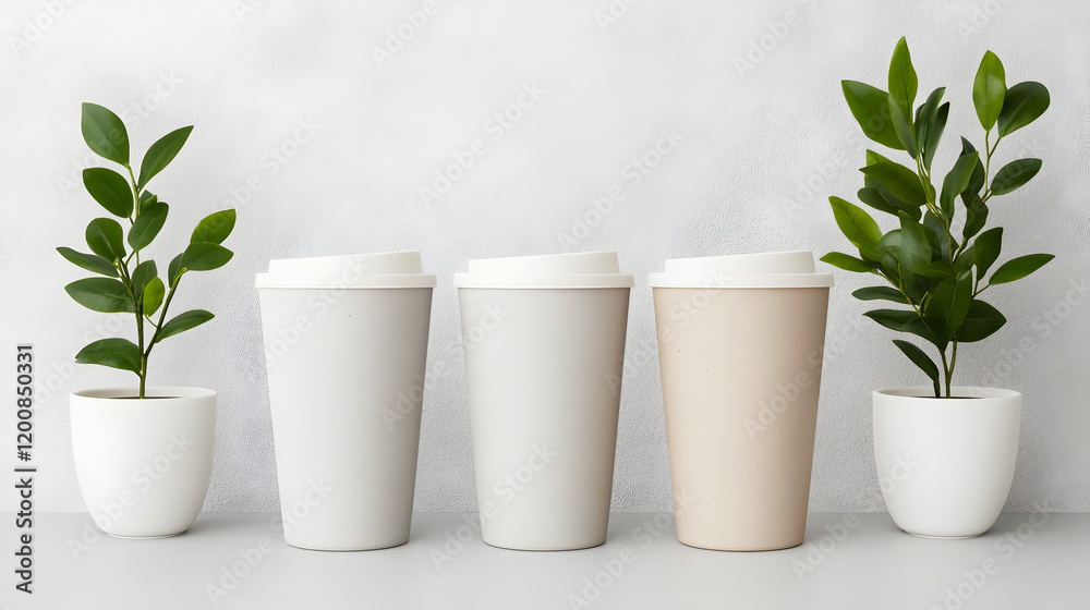 Coffee cups with greenery display modern setting still life minimalist view fresh concept Coffee cups with greenery display modern setting still life minimalist view fresh concept
