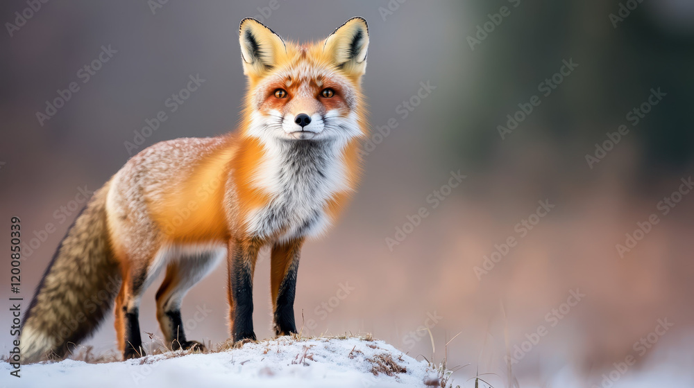 Fototapeta premium fox standing on snowy hill in serene landscape
