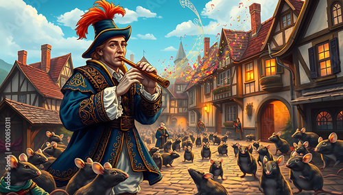 A vibrant depiction of the Pied Piper leading a parade of rats through a cobblestone town, with the Piper dressed in colorful, medieval attire, playing a flute that radiates magical musical notes