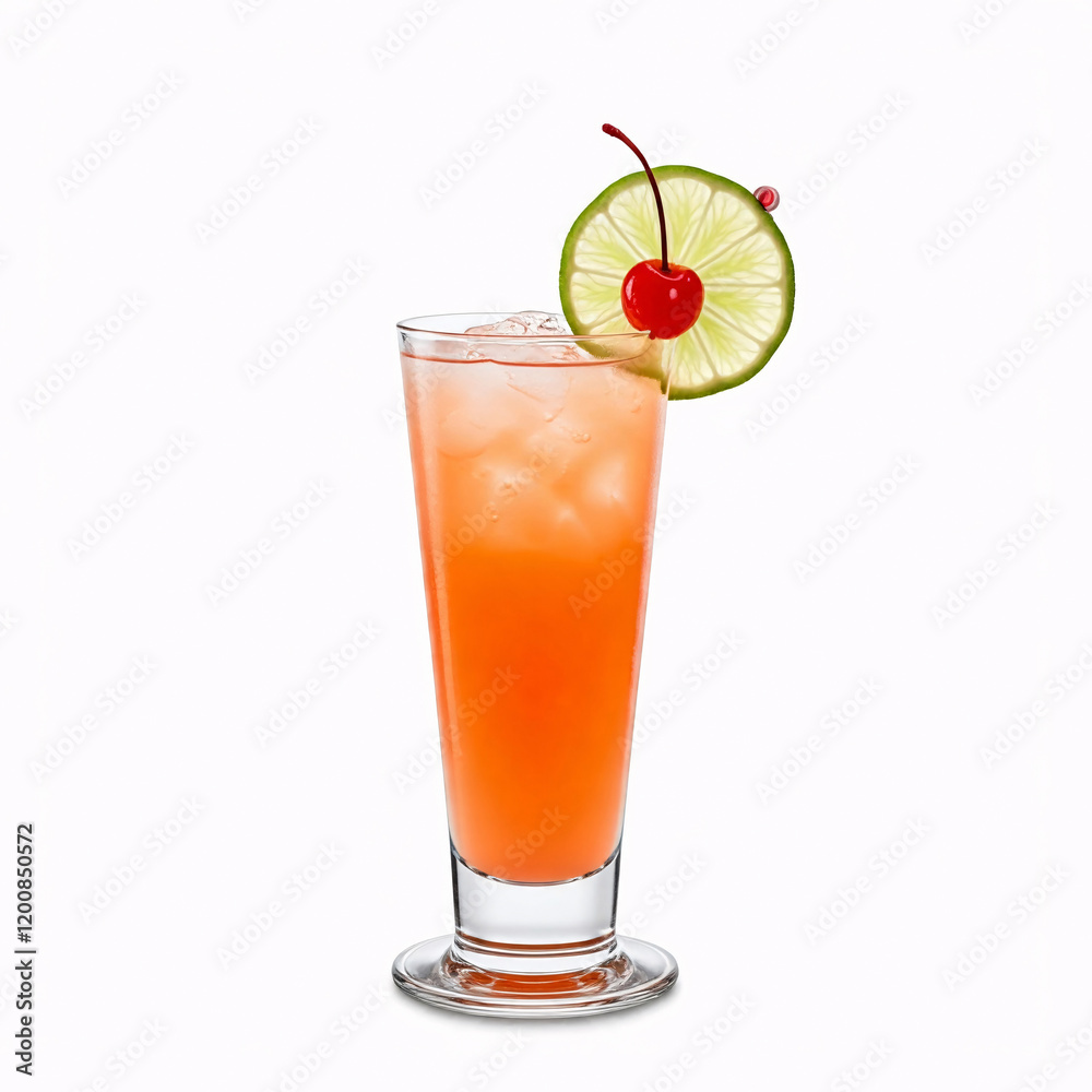 Cocktail with orange juice, lime and cherry isolated on white background Cocktail with orange juice, lime and cherry isolated on white background