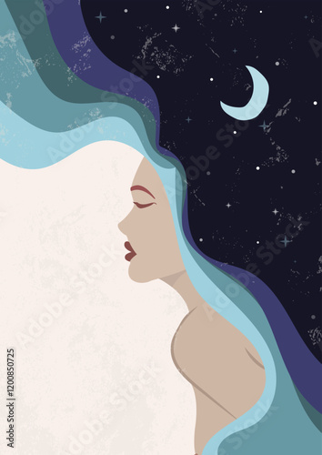 Moon Lady, woman with long hair decorated with moon and stars, illustration, vector