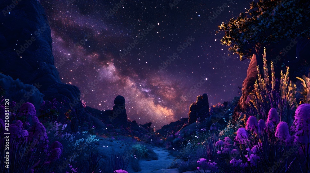 Fototapeta premium Alien Landscape Underneath A Starry Night Sky